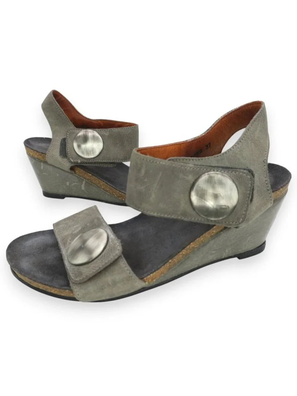 Taos Carousel Gray Leather Wedge Ankle Strap Sandals Women's 6-6.5 US EUR 37